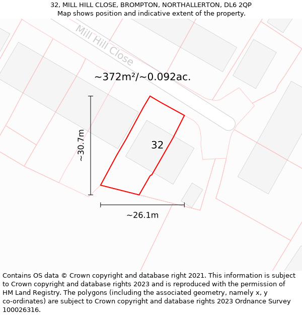32, MILL HILL CLOSE, BROMPTON, NORTHALLERTON, DL6 2QP: Plot and title map
