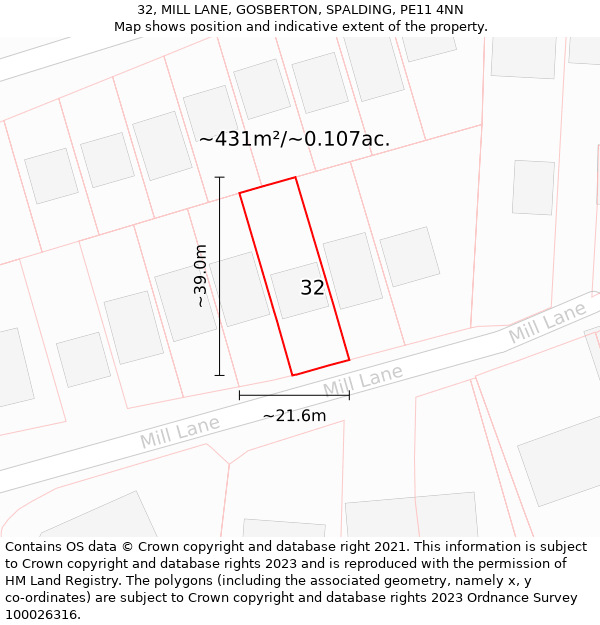 32, MILL LANE, GOSBERTON, SPALDING, PE11 4NN: Plot and title map