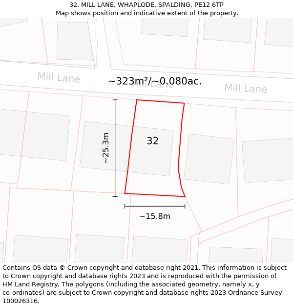 32, MILL LANE, WHAPLODE, SPALDING, PE12 6TP: Plot and title map