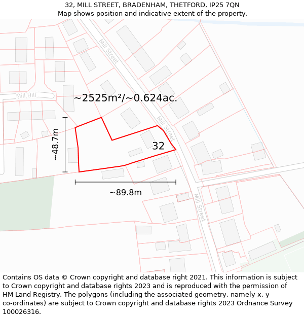 32, MILL STREET, BRADENHAM, THETFORD, IP25 7QN: Plot and title map