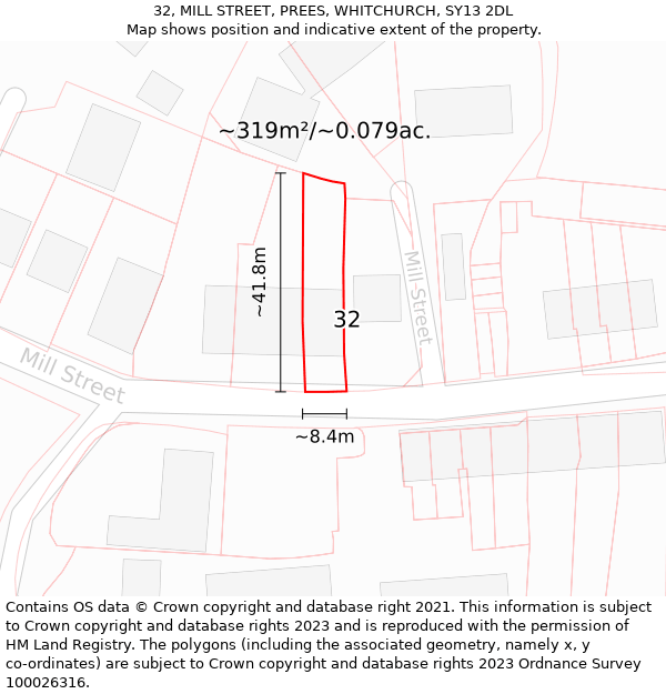 32, MILL STREET, PREES, WHITCHURCH, SY13 2DL: Plot and title map