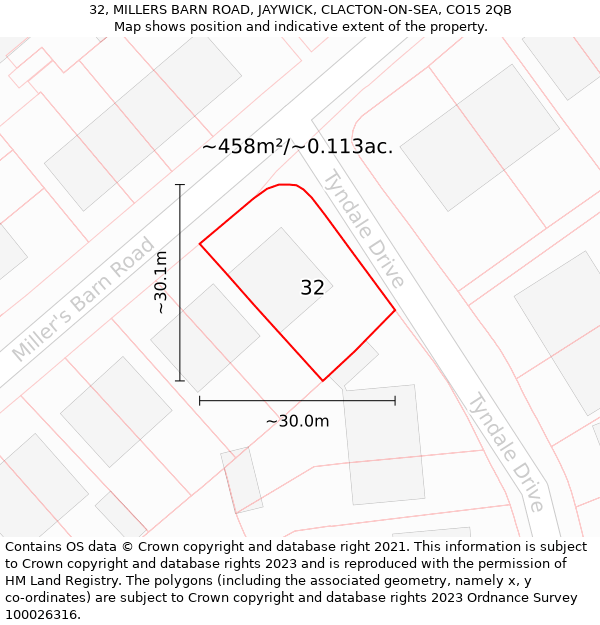 32, MILLERS BARN ROAD, JAYWICK, CLACTON-ON-SEA, CO15 2QB: Plot and title map