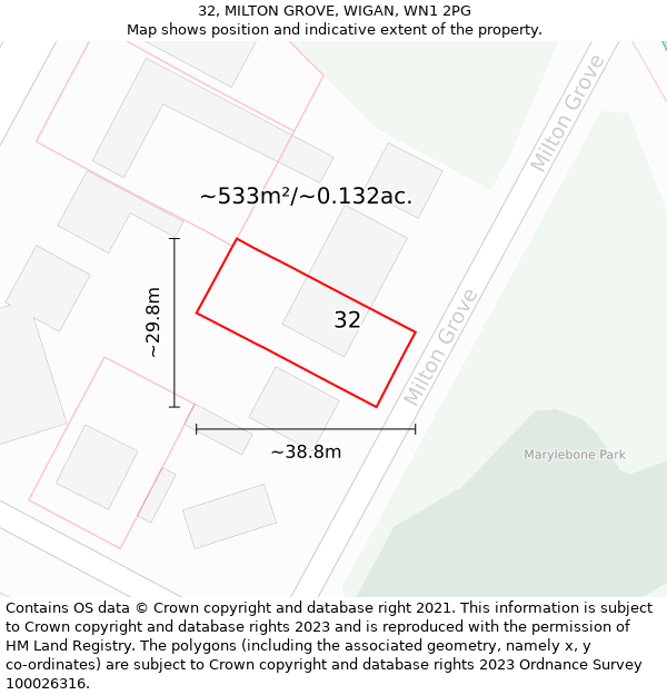 32, MILTON GROVE, WIGAN, WN1 2PG: Plot and title map