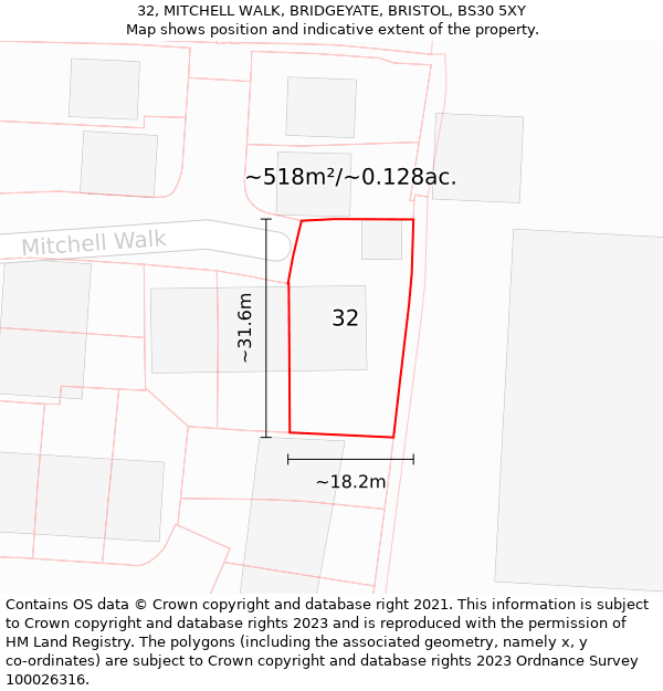 32, MITCHELL WALK, BRIDGEYATE, BRISTOL, BS30 5XY: Plot and title map