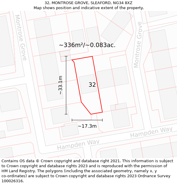 32, MONTROSE GROVE, SLEAFORD, NG34 8XZ: Plot and title map