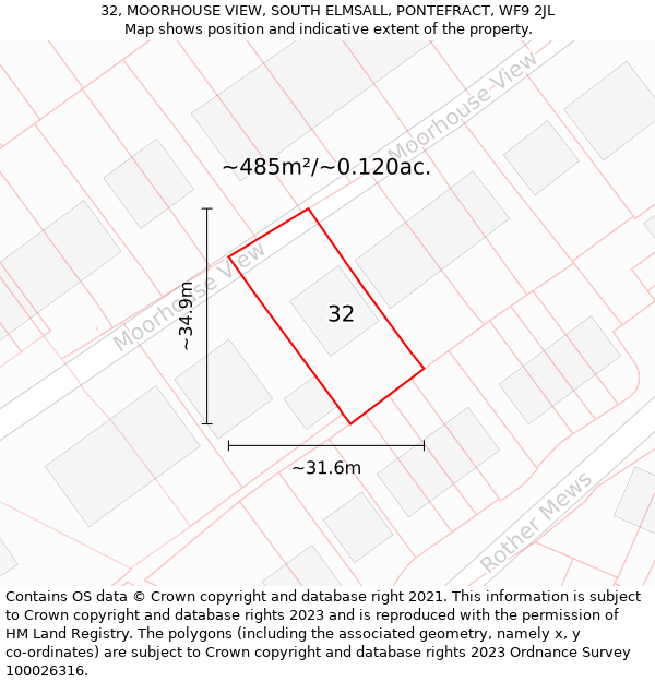 32, MOORHOUSE VIEW, SOUTH ELMSALL, PONTEFRACT, WF9 2JL: Plot and title map