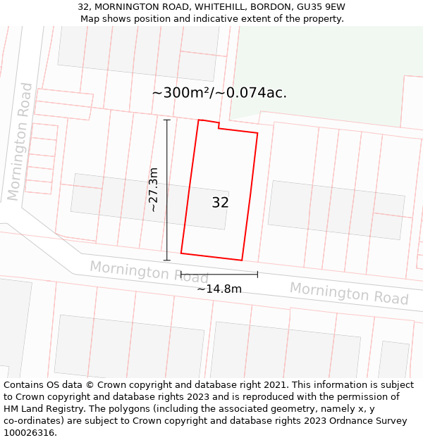 32, MORNINGTON ROAD, WHITEHILL, BORDON, GU35 9EW: Plot and title map