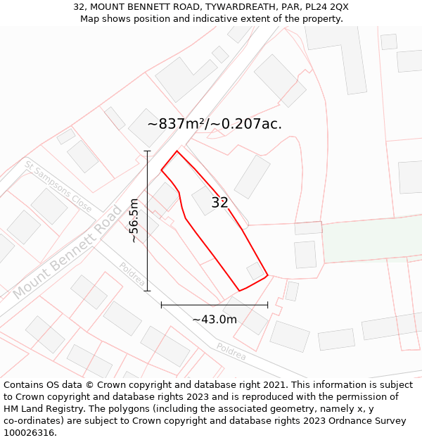 32, MOUNT BENNETT ROAD, TYWARDREATH, PAR, PL24 2QX: Plot and title map