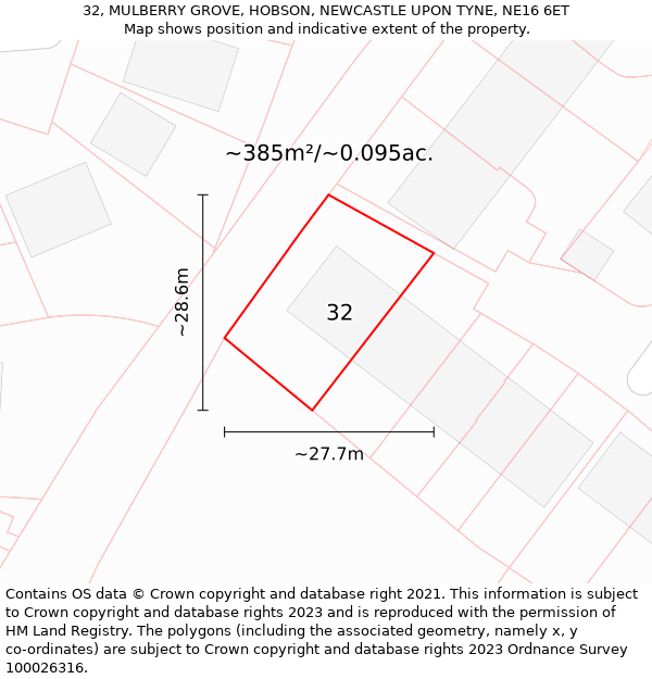 32, MULBERRY GROVE, HOBSON, NEWCASTLE UPON TYNE, NE16 6ET: Plot and title map