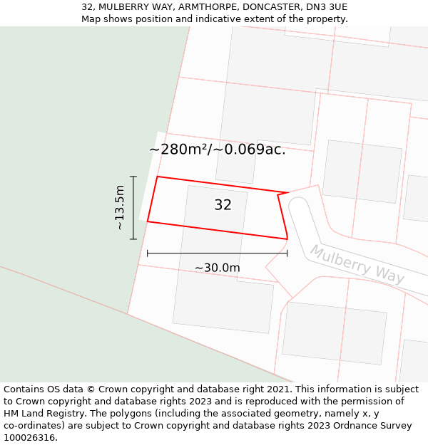 32, MULBERRY WAY, ARMTHORPE, DONCASTER, DN3 3UE: Plot and title map