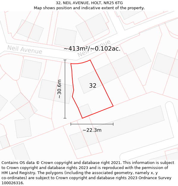 32, NEIL AVENUE, HOLT, NR25 6TG: Plot and title map