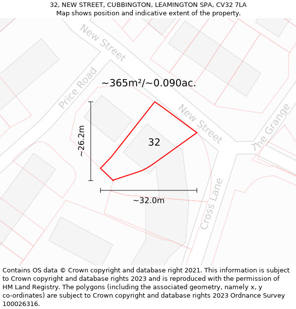 32, NEW STREET, CUBBINGTON, LEAMINGTON SPA, CV32 7LA: Plot and title map