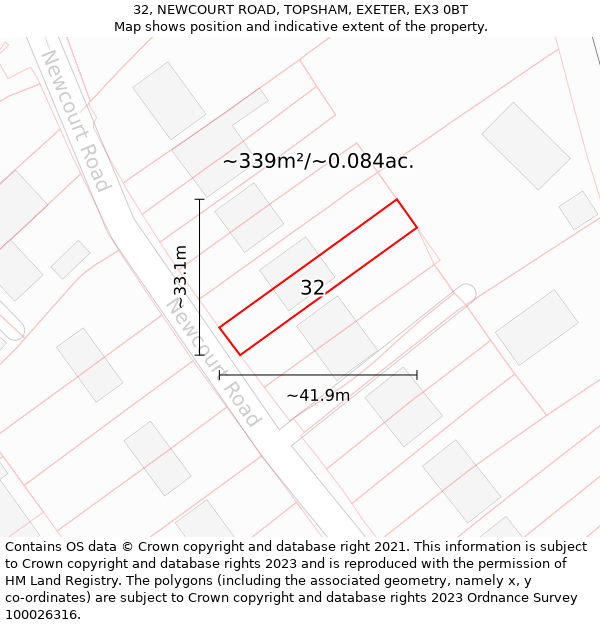 32, NEWCOURT ROAD, TOPSHAM, EXETER, EX3 0BT: Plot and title map