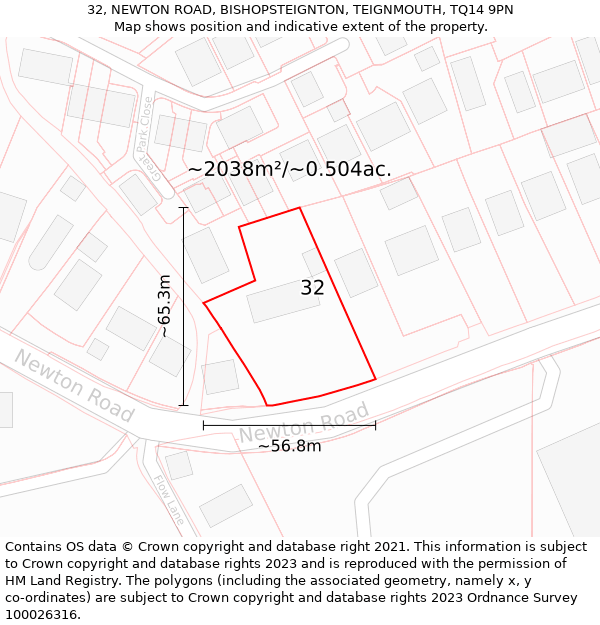 32, NEWTON ROAD, BISHOPSTEIGNTON, TEIGNMOUTH, TQ14 9PN: Plot and title map