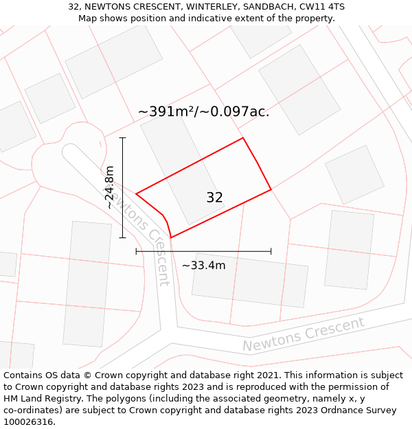 32, NEWTONS CRESCENT, WINTERLEY, SANDBACH, CW11 4TS: Plot and title map