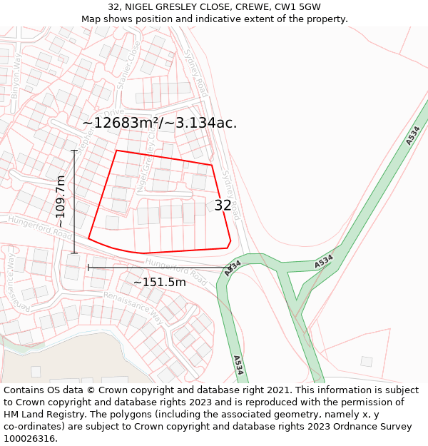 32, NIGEL GRESLEY CLOSE, CREWE, CW1 5GW: Plot and title map