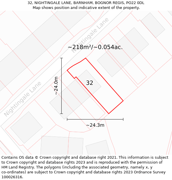 32, NIGHTINGALE LANE, BARNHAM, BOGNOR REGIS, PO22 0DL: Plot and title map