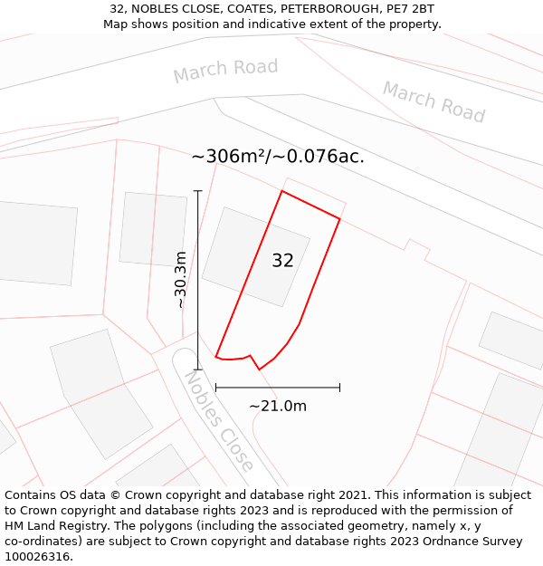 32, NOBLES CLOSE, COATES, PETERBOROUGH, PE7 2BT: Plot and title map