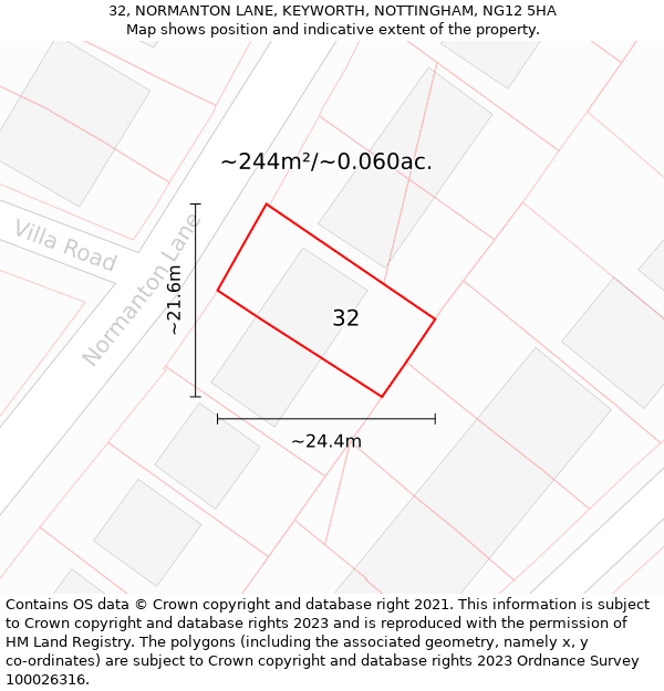 32, NORMANTON LANE, KEYWORTH, NOTTINGHAM, NG12 5HA: Plot and title map