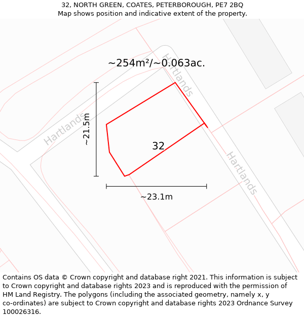 32, NORTH GREEN, COATES, PETERBOROUGH, PE7 2BQ: Plot and title map