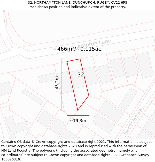 32, NORTHAMPTON LANE, DUNCHURCH, RUGBY, CV22 6PS: Plot and title map