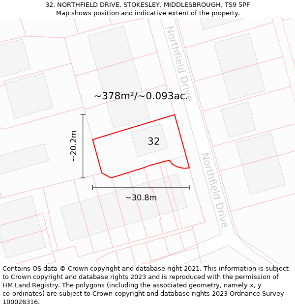 32, NORTHFIELD DRIVE, STOKESLEY, MIDDLESBROUGH, TS9 5PF: Plot and title map