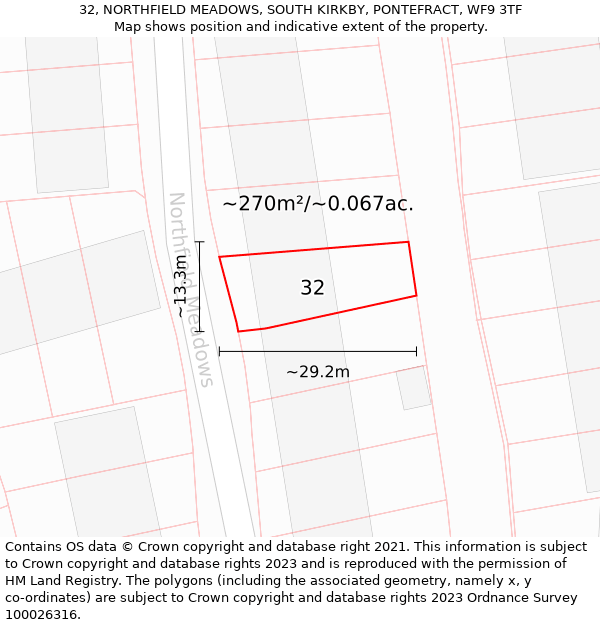 32, NORTHFIELD MEADOWS, SOUTH KIRKBY, PONTEFRACT, WF9 3TF: Plot and title map