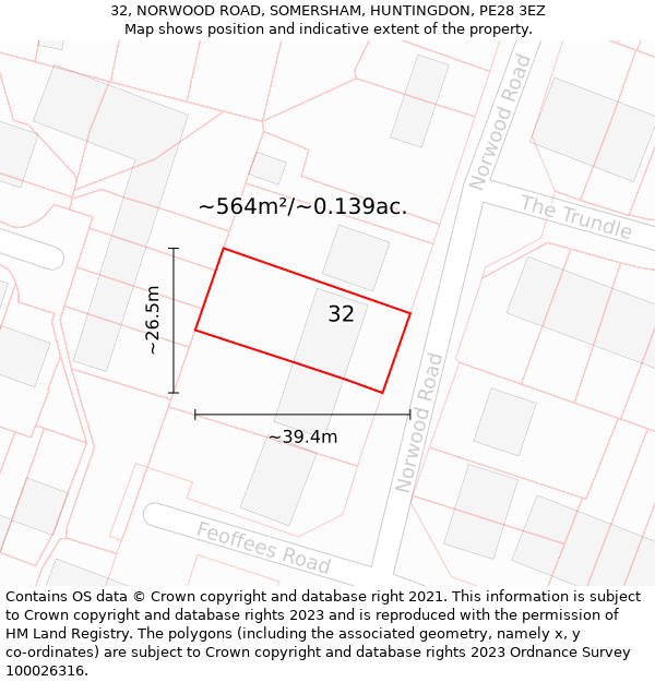 32, NORWOOD ROAD, SOMERSHAM, HUNTINGDON, PE28 3EZ: Plot and title map