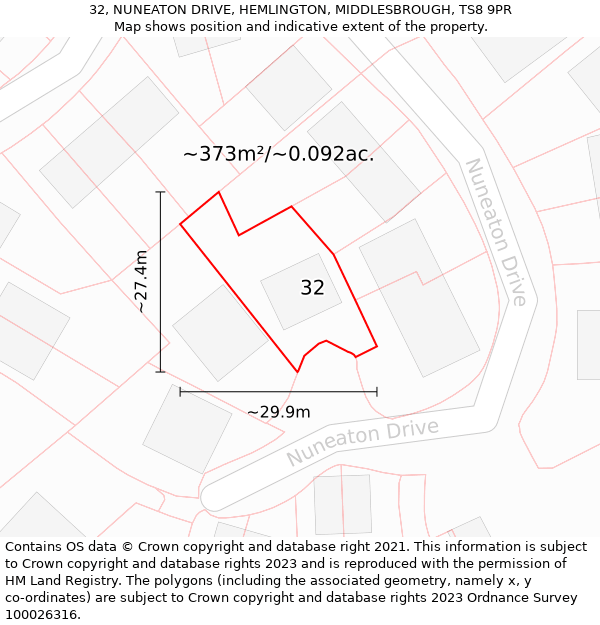 32, NUNEATON DRIVE, HEMLINGTON, MIDDLESBROUGH, TS8 9PR: Plot and title map