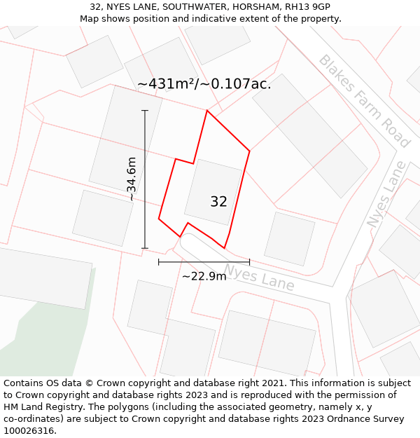 32, NYES LANE, SOUTHWATER, HORSHAM, RH13 9GP: Plot and title map