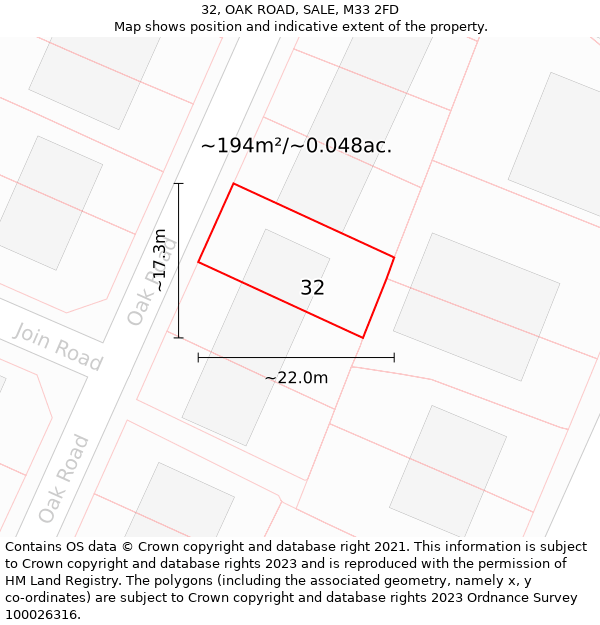 32, OAK ROAD, SALE, M33 2FD: Plot and title map