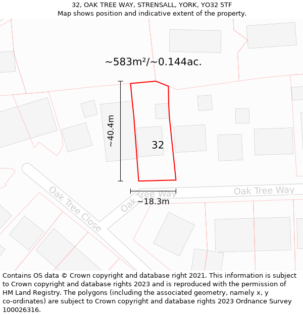 32, OAK TREE WAY, STRENSALL, YORK, YO32 5TF: Plot and title map