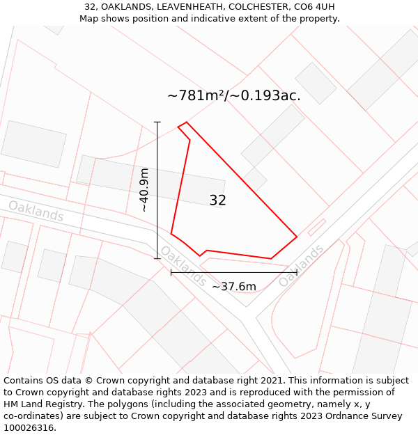 32, OAKLANDS, LEAVENHEATH, COLCHESTER, CO6 4UH: Plot and title map