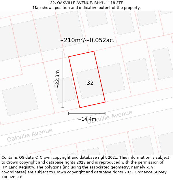 32, OAKVILLE AVENUE, RHYL, LL18 3TF: Plot and title map