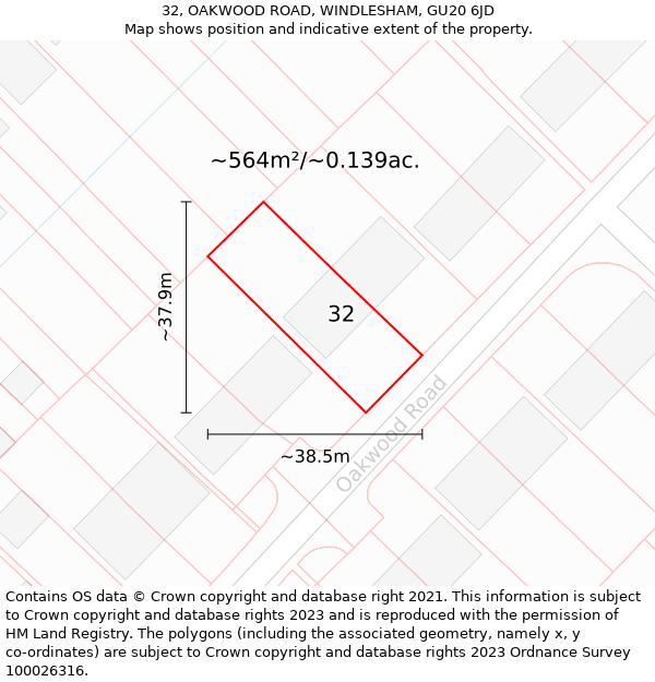 32, OAKWOOD ROAD, WINDLESHAM, GU20 6JD: Plot and title map