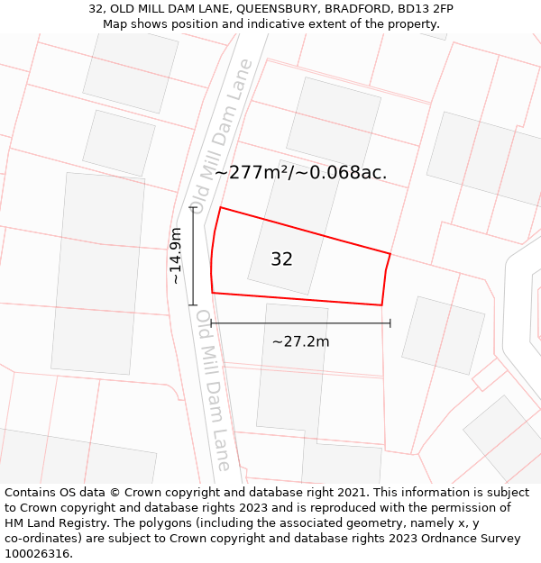 32, OLD MILL DAM LANE, QUEENSBURY, BRADFORD, BD13 2FP: Plot and title map