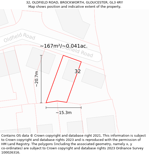 32, OLDFIELD ROAD, BROCKWORTH, GLOUCESTER, GL3 4RY: Plot and title map