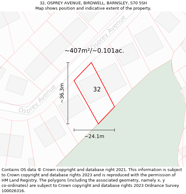 32, OSPREY AVENUE, BIRDWELL, BARNSLEY, S70 5SH: Plot and title map