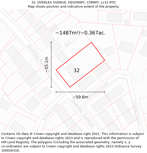 32, OVERLEA AVENUE, DEGANWY, CONWY, LL31 9TD: Plot and title map