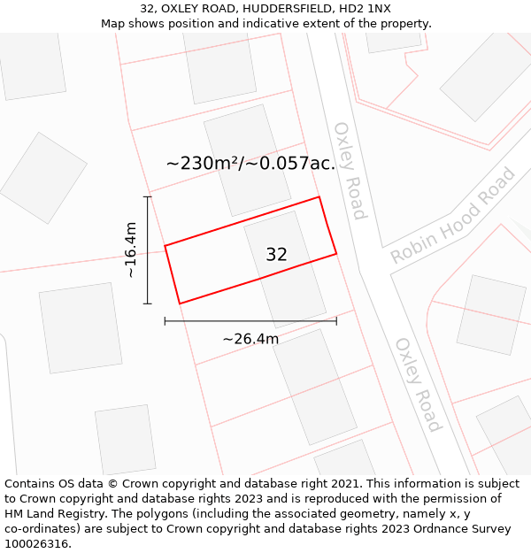 32, OXLEY ROAD, HUDDERSFIELD, HD2 1NX: Plot and title map