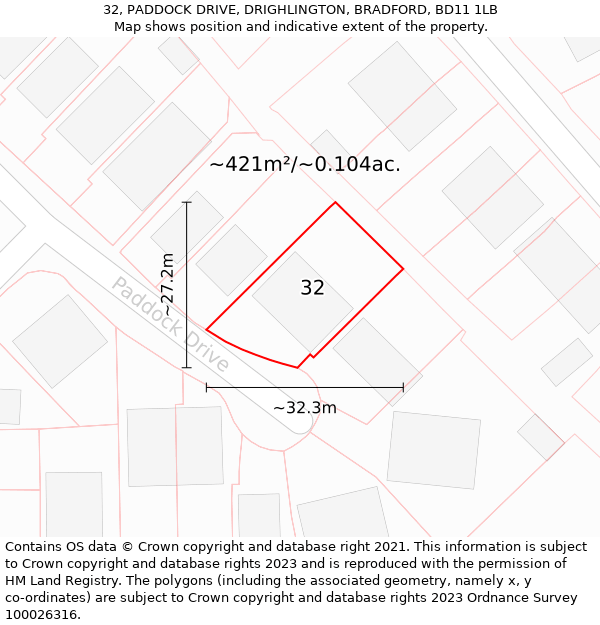 32, PADDOCK DRIVE, DRIGHLINGTON, BRADFORD, BD11 1LB: Plot and title map