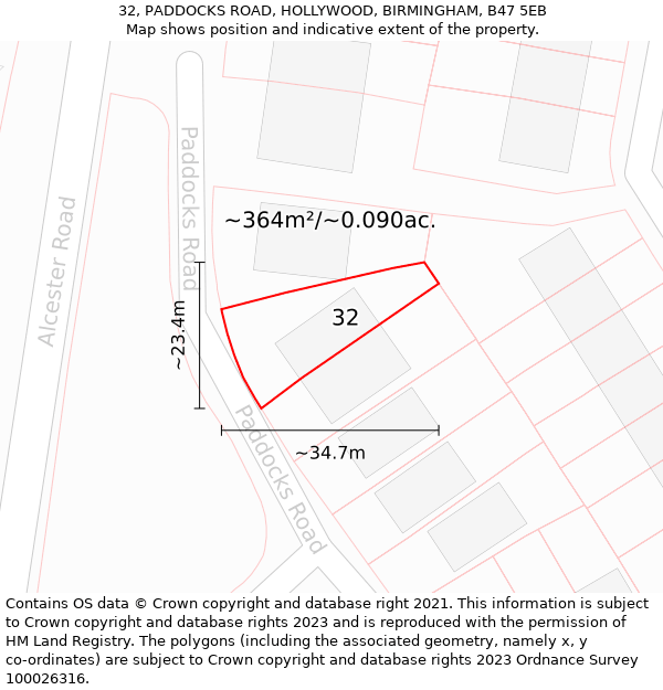 32, PADDOCKS ROAD, HOLLYWOOD, BIRMINGHAM, B47 5EB: Plot and title map