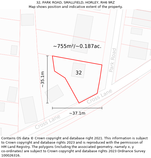 32, PARK ROAD, SMALLFIELD, HORLEY, RH6 9RZ: Plot and title map