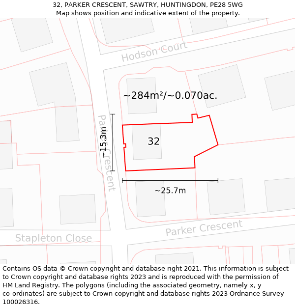 32, PARKER CRESCENT, SAWTRY, HUNTINGDON, PE28 5WG: Plot and title map