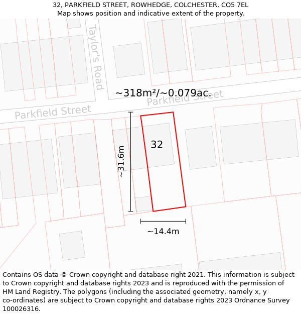 32, PARKFIELD STREET, ROWHEDGE, COLCHESTER, CO5 7EL: Plot and title map