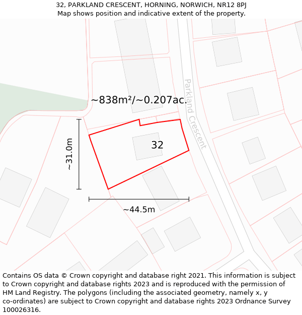 32, PARKLAND CRESCENT, HORNING, NORWICH, NR12 8PJ: Plot and title map