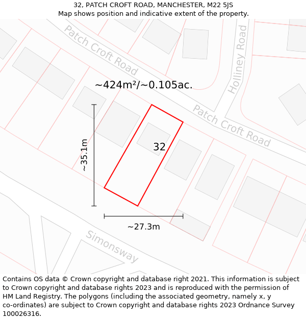 32, PATCH CROFT ROAD, MANCHESTER, M22 5JS: Plot and title map