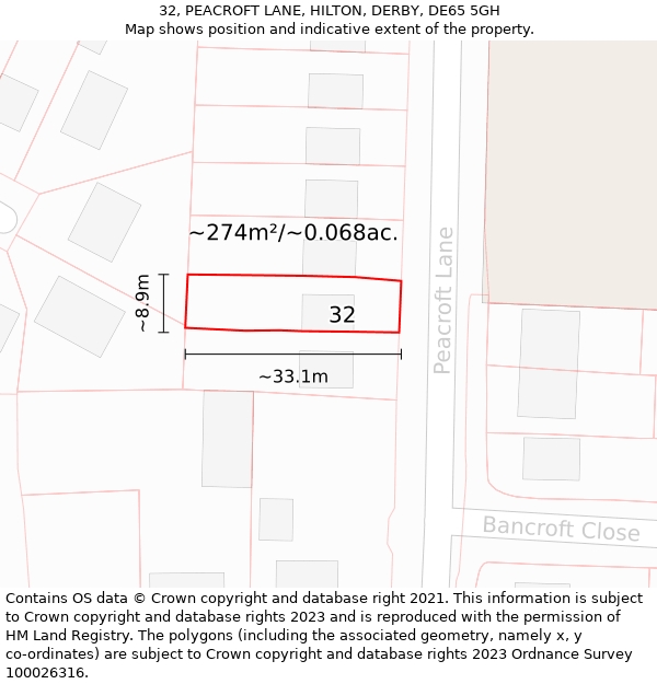 32, PEACROFT LANE, HILTON, DERBY, DE65 5GH: Plot and title map