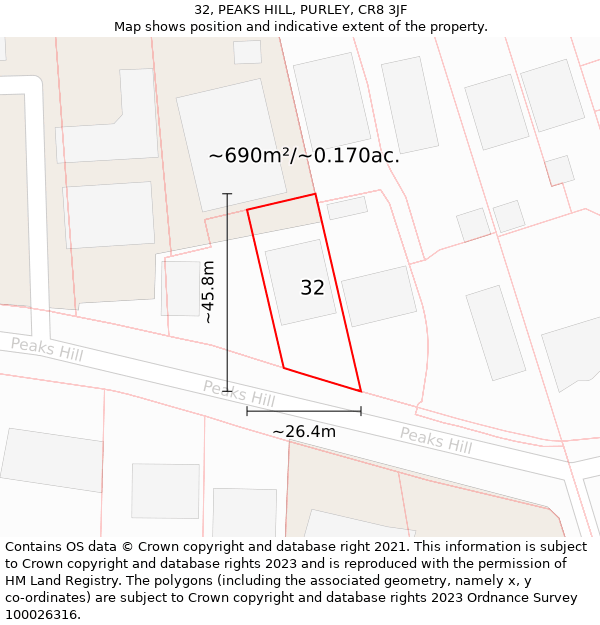 32, PEAKS HILL, PURLEY, CR8 3JF: Plot and title map