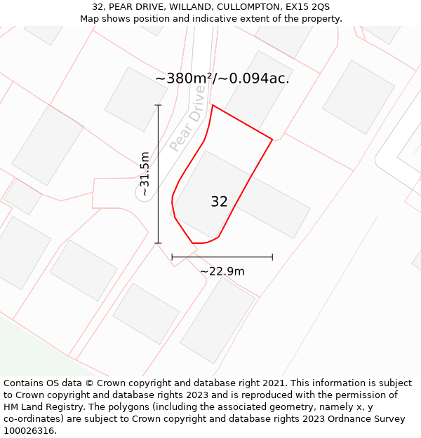 32, PEAR DRIVE, WILLAND, CULLOMPTON, EX15 2QS: Plot and title map